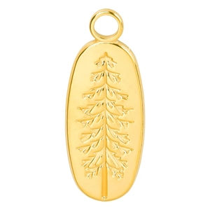 Minimalist 18k gold plated stainless steel oval pendant featuring a pine tree engraving