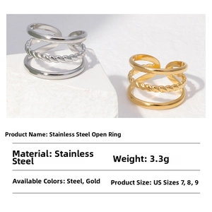Detailed view of triple-layer stainless steel ring with twisted rope design and open band