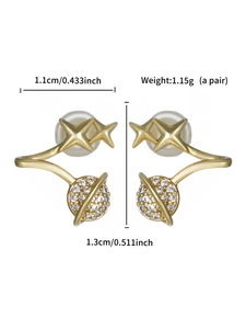 Detail view of gold planet earrings with CZ inlay and pearl back, size 1.1x1.3cm