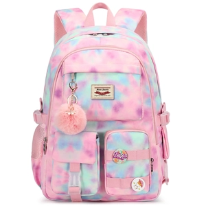 Close-up of pink, purple, and blue tie-dye backpack with plush pendant and pockets