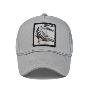 Grey cotton mesh trucker hat with crocodile embroidery patch for outdoor sports