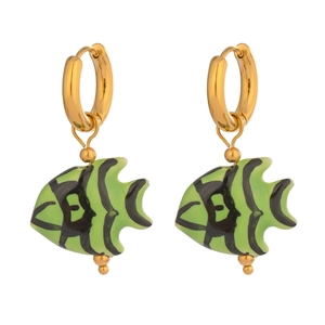 Detailed view of gold hoop earrings with green and black enamel fish-shaped charms