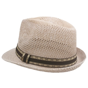 Close-up of beige summer sun hat featuring hollow knit texture and brown pattern band