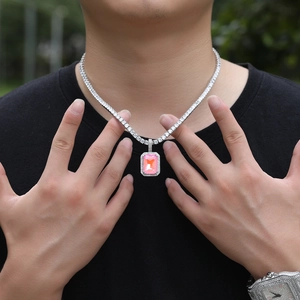 Hip-hop zilveren tennis ketting met grote roze edelsteen hanger in emerald slijpvorm