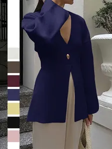 Women V Neck Rib Knit Cardigan Sweater Long Sleeve Button Closure Tie Waist Elegant Commuter Top
