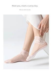 Detailed view of delicate leaf lace trim on pink translucent breathable mesh socks