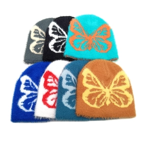 Plush butterfly pattern knit beanies for women in seven various color options