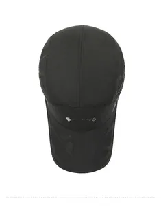 Top view of black quick-dry sports cap with laser-cut mesh and SPORTS print logo