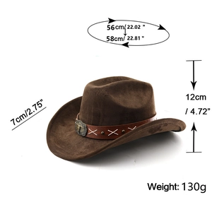 Détails d'un chapeau de cowboy en daim marron avec ceinture vintage et dimensions