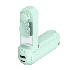 Portable mint green foldable handheld fan with power bank function and USB ports