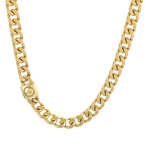 Gold plated Cuban chain necklace with a unique square clasp on a white background