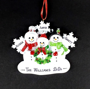 Custom snowman family Christmas ornament with three snowmen and red silk ribbon