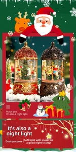 Detailed view of vintage Christmas music box lantern with light and swirling glitter