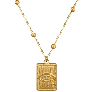 Gold titanium steel necklace featuring a rectangular evil eye pendant and beaded chain