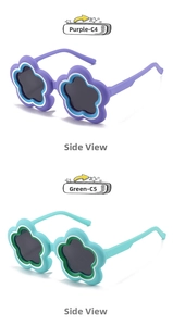 Detail view of flower shaped kids sunglasses in purple and mint green finishes