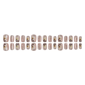 Cat eye press-on nails with white magnolia flowers and metallic pink glitter set of 24