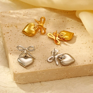 Ins Fashion Bow Heart Drop Earrings 18k Gold Plated Stainless Steel Luxury Unique Style Jewelry Women