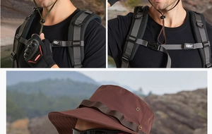 Detail of outdoor boonie hat with tactical gloves and backpack strap features