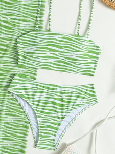 Conjunto de bikini de 3 piezas con estampado de cebra verde y pareo de malla