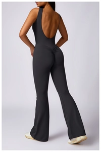Detail of the open back design and scrunched booty texture on black yoga jumpsuit