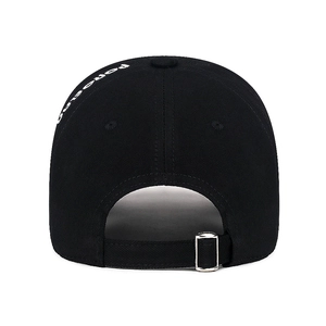Black cotton baseball cap with distressed style, white embroidery, and metal back buckle
