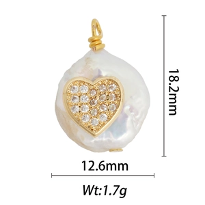Baroque pearl pendant with gold heart charm and dimensions 18.2mm by 12.6mm