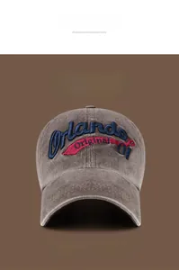 Detail of vintage washed cotton baseball cap with Orlando Original 01 embroidery
