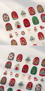 Detailed macro view of 5D embossed Christmas nail stickers featuring gingerbread man and snowman