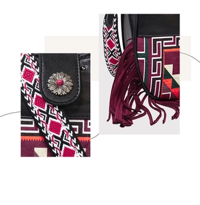Dettaglio borsa boho con frange, tracolla geometrica tessuta e fibbia a fiore d'argento