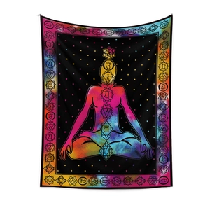 Macro detail of Seven Chakra meditation tapestry with vibrant mandala border and stars