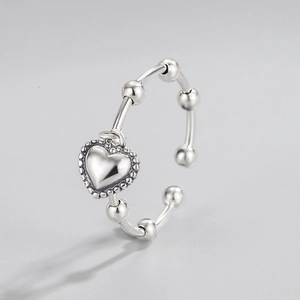 925 Sterling Silver Heart Pendant Beaded Ring Open Adjustable Retro Fashion Jewelry For Women
