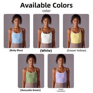 Collage of multi-color double-layered criss-cross yoga tops in five soft pastel shades