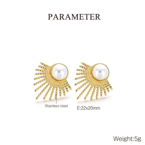 Detailed view of sunburst pearl earrings in stainless steel with 22x20mm dimensions