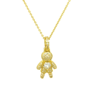 Detail of gold pendant necklace featuring a micro-set zircon boy-girl figure with heart stone