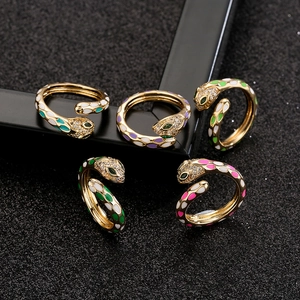 Snake Shaped Open Ring Copper Gold Plated Colorful Enamel Animal Design Vintage Zircon Adjustable Jewelry For Women