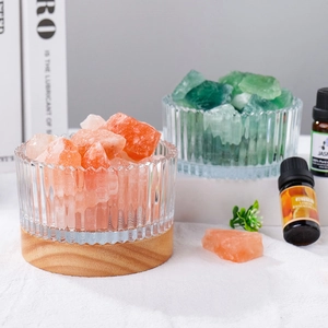 Crystal aromatherapy salt stone lamp set with pink and green natural stones in glass bowls