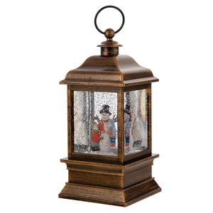 Vintage bronze Christmas lantern with snowman family and automatic snow music box