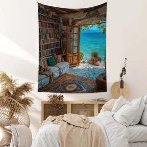 Detail of bohemian tapestry showing a scenic ocean view study room hanging on a bedroom wall