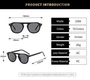 Detailed dimensions of retro square sunglasses including frame width and lens height measurements