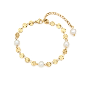 Golden round laser charm bracelet with white baroque pearls and adjustable lobster clasp