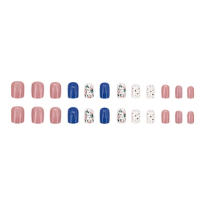 Pink and blue press-on nail set with floral patterns and black dots on 24 glossy pieces