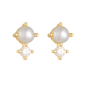 Elegant S925 silver gold-plated stud earrings with white pearl and sparkling zircon stone