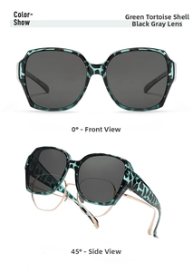 Detailed view of oversized cyan tortoiseshell fit-over sunglasses with dark polarized lenses