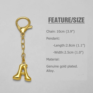 Detail of 18k gold plated letter A keychain with measurements and lobster clasp