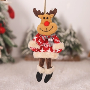 Detail of Christmas reindeer plush ornament with red knit sweater and festive fluffy trim