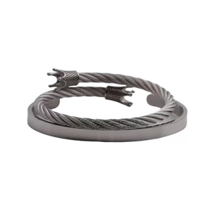 Gun black titanium steel bracelet set featuring crown cable and smooth minimalist bangles
