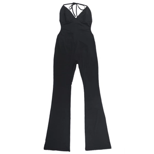 Close-up of black halter neck jumpsuit with V-neckline and wide flare leg design