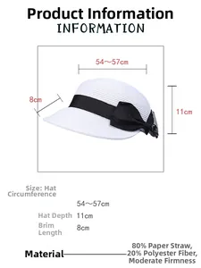 Tabella taglie dettagliata per cappello di paglia con tesa 8cm e fiocco decorativo