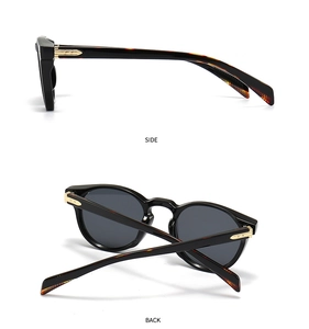 Detailed side and back view of retro round sunglasses with tortoise shell temples