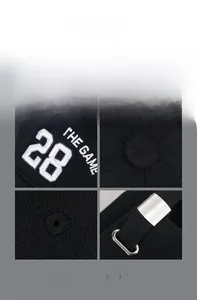 Detail view of cotton baseball cap with number 28 embroidery and adjustable metal buckle